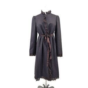 Rebecca Taylor Wool Duster Coat Womens 4 Long Brown Jacket Lace Tie Front